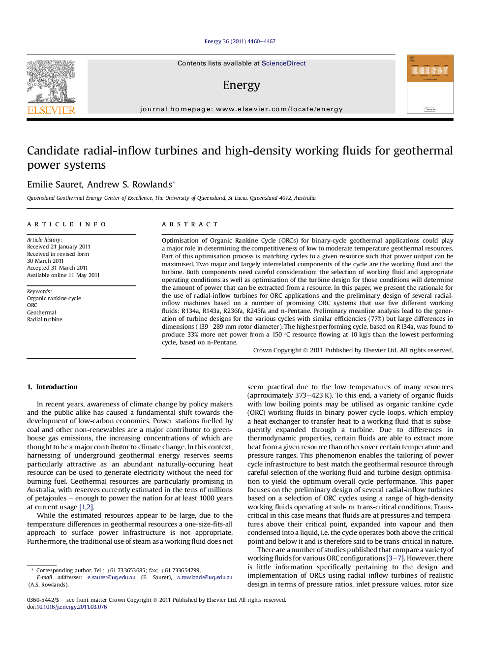 عکس صفحه اول مقاله: Candidate radial-inflow turbines and high-density working fluids for geothermal power systems Candidate radial-inflow turbines and high-density working fluids for geothermal power systems