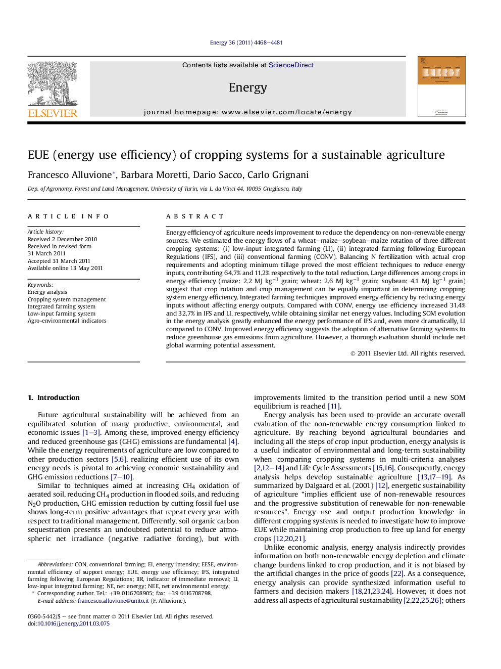 EUE (energy use efficiency) of cropping systems for a sustainable agriculture