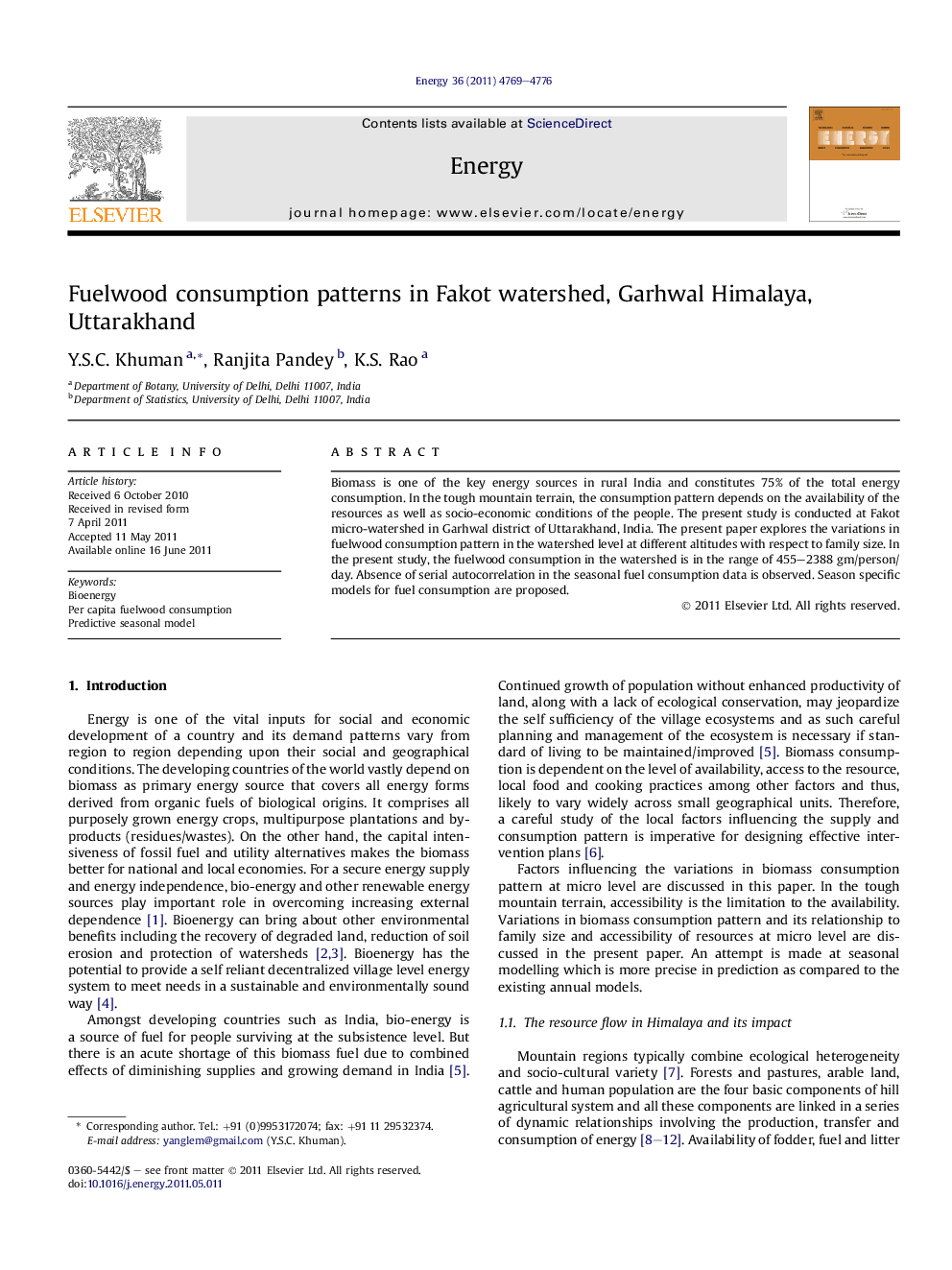 Fuelwood consumption patterns in Fakot watershed, Garhwal Himalaya, Uttarakhand