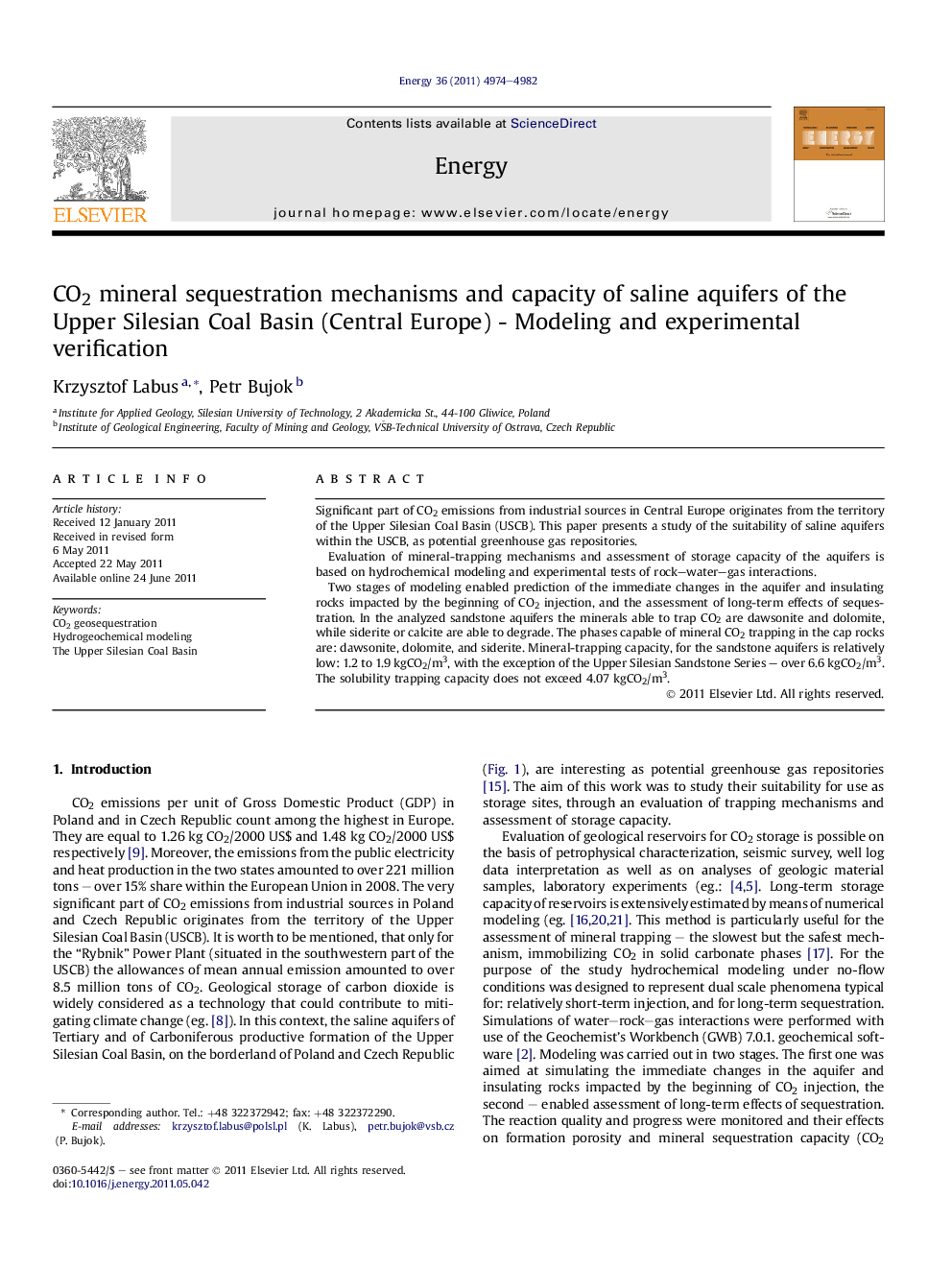 CO2 mineral sequestration mechanisms and capacity of saline aquifers of the Upper Silesian Coal Basin (Central Europe) - Modeling and experimental verification