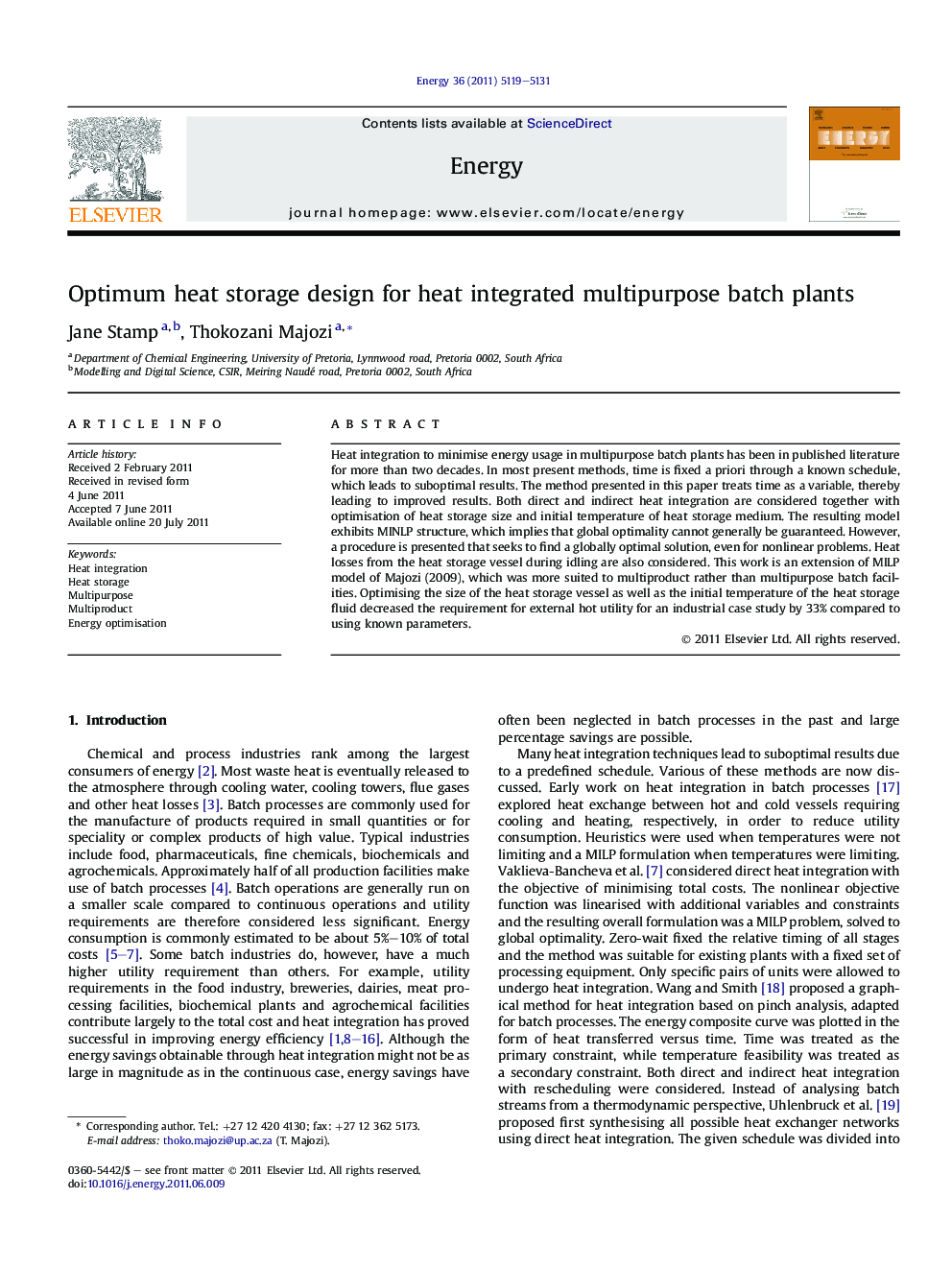 Optimum heat storage design for heat integrated multipurpose batch plants