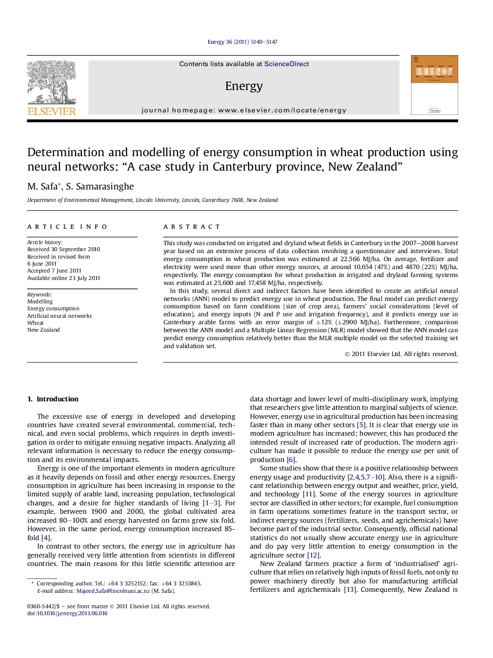 Determination and modelling of energy consumption in wheat production using neural networks: “A case study in Canterbury province, New Zealand”