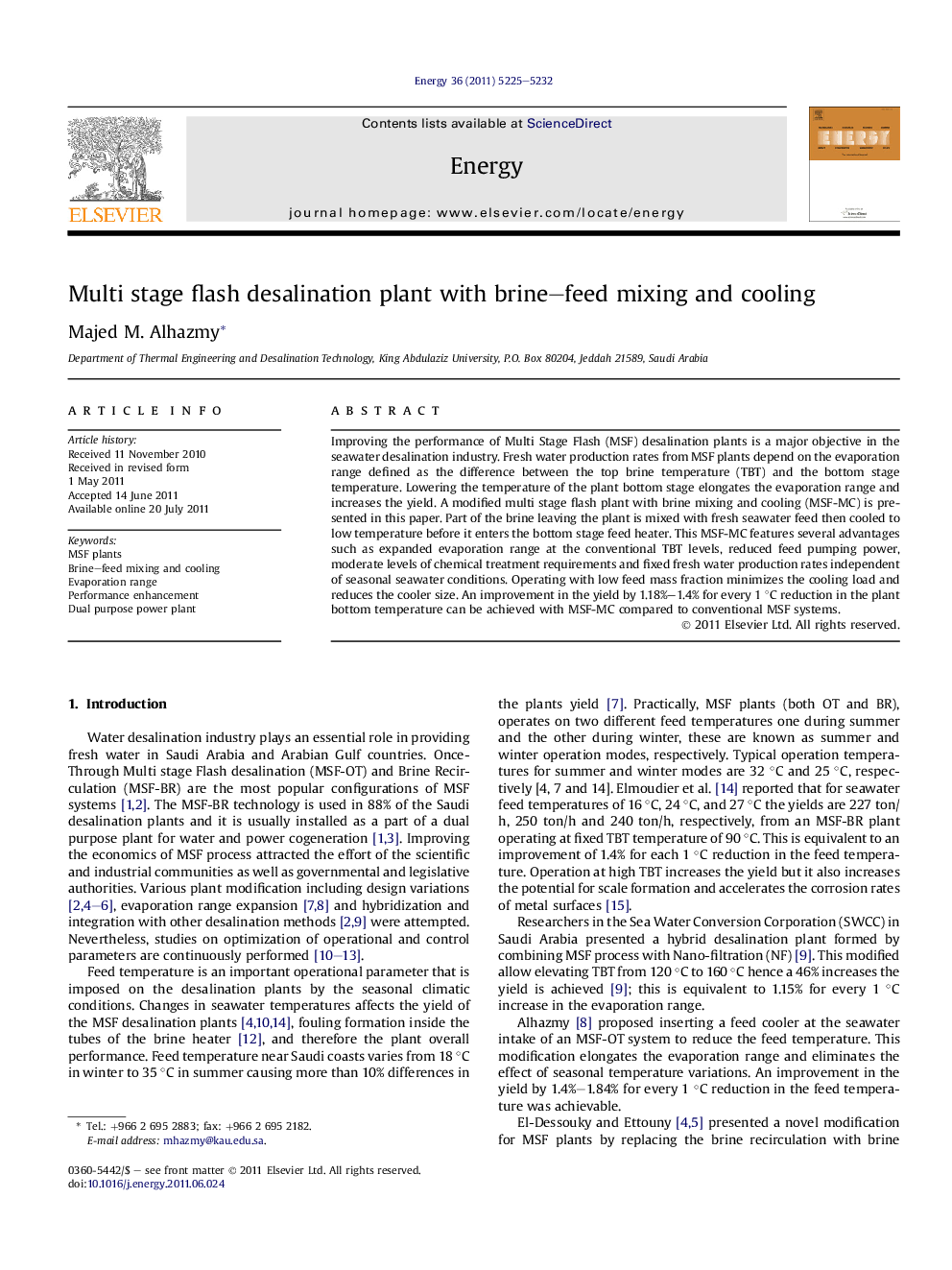 Multi stage flash desalination plant with brine–feed mixing and cooling