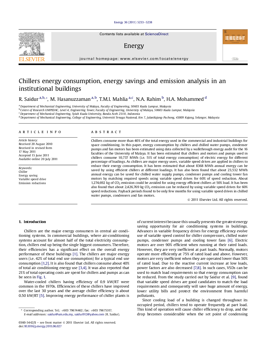 Chillers energy consumption, energy savings and emission analysis in an institutional buildings