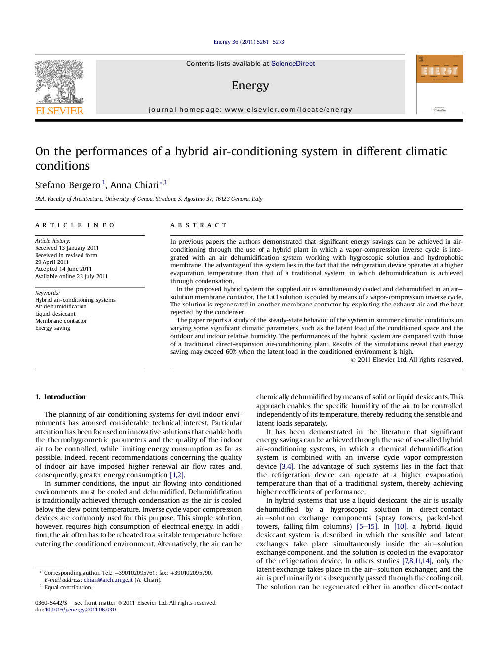 On the performances of a hybrid air-conditioning system in different climatic conditions