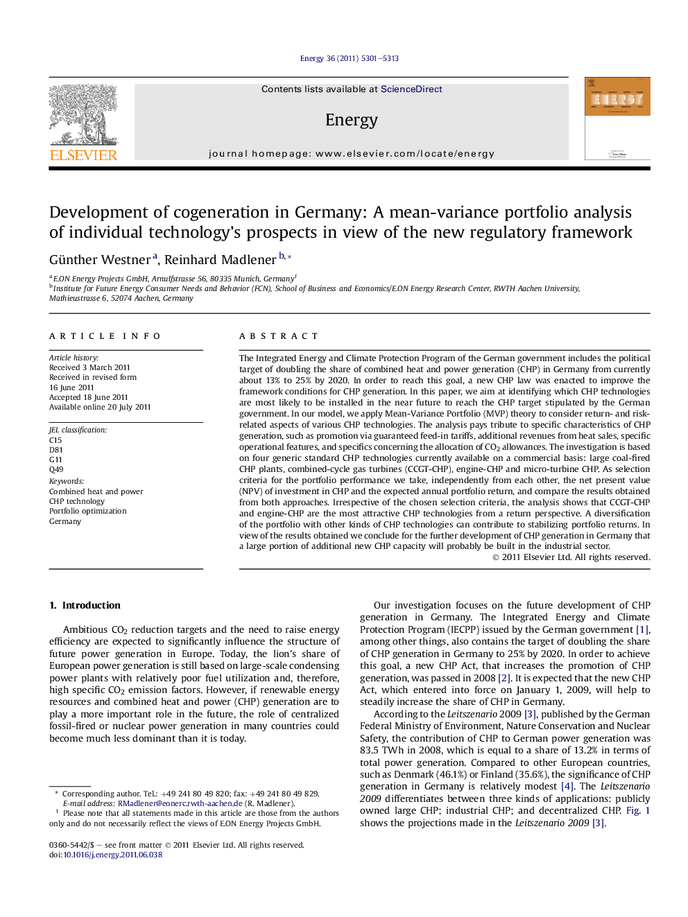 Development of cogeneration in Germany: A mean-variance portfolio analysis of individual technology's prospects in view of the new regulatory framework