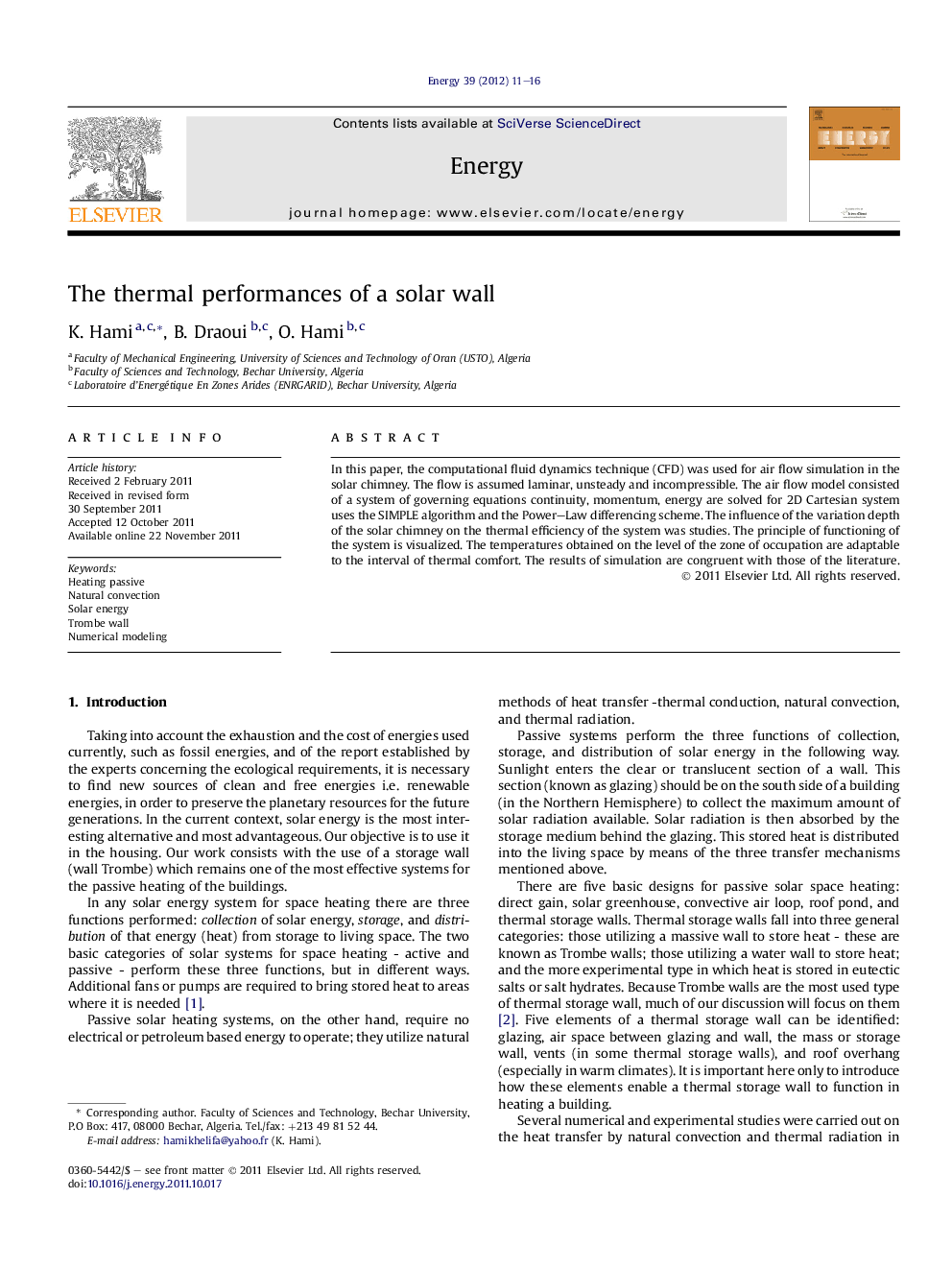 The thermal performances of a solar wall