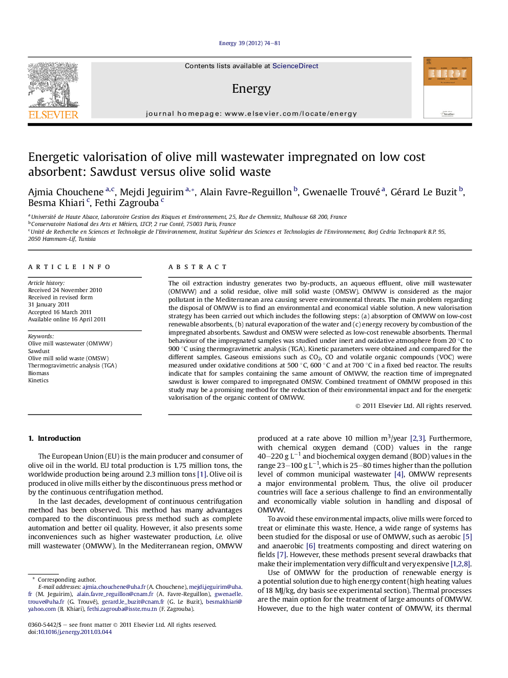 Energetic valorisation of olive mill wastewater impregnated on low cost absorbent: Sawdust versus olive solid waste