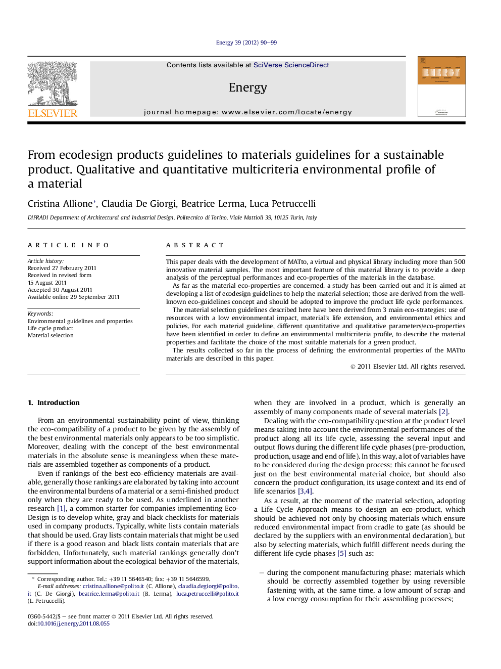 From ecodesign products guidelines to materials guidelines for a sustainable product. Qualitative and quantitative multicriteria environmental profile of a material