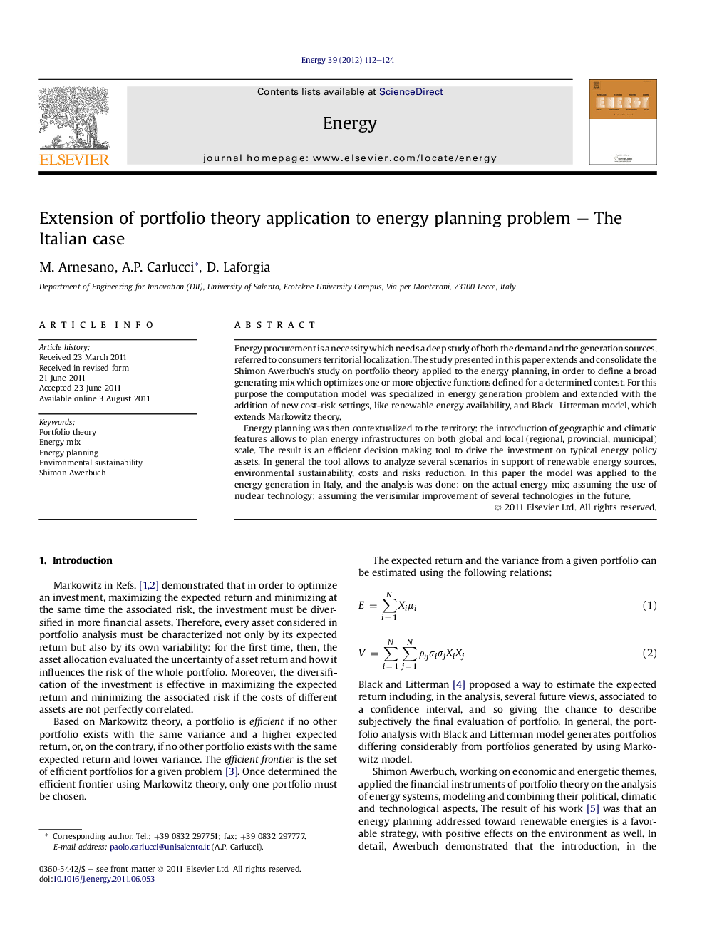 Extension of portfolio theory application to energy planning problem - The Italian case