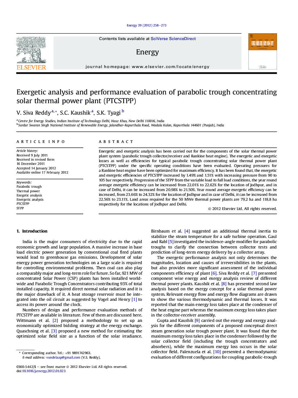 Exergetic analysis and performance evaluation of parabolic trough concentrating solar thermal power plant (PTCSTPP)