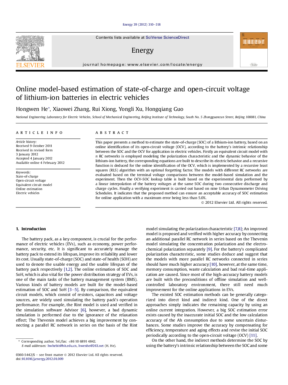 Online model-based estimation of state-of-charge and open-circuit voltage of lithium-ion batteries in electric vehicles