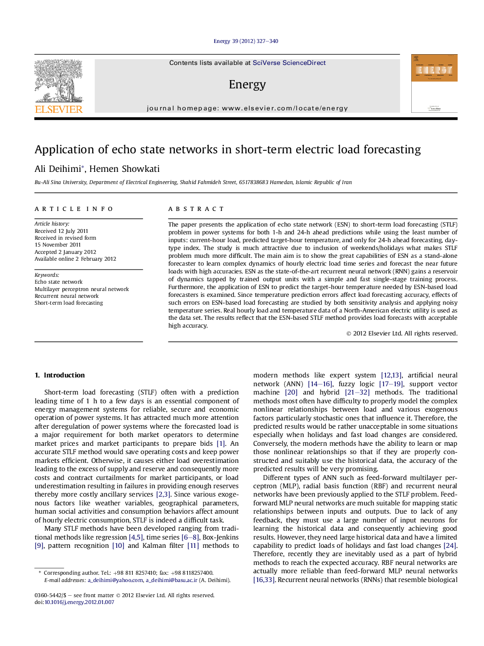 Application of echo state networks in short-term electric load forecasting