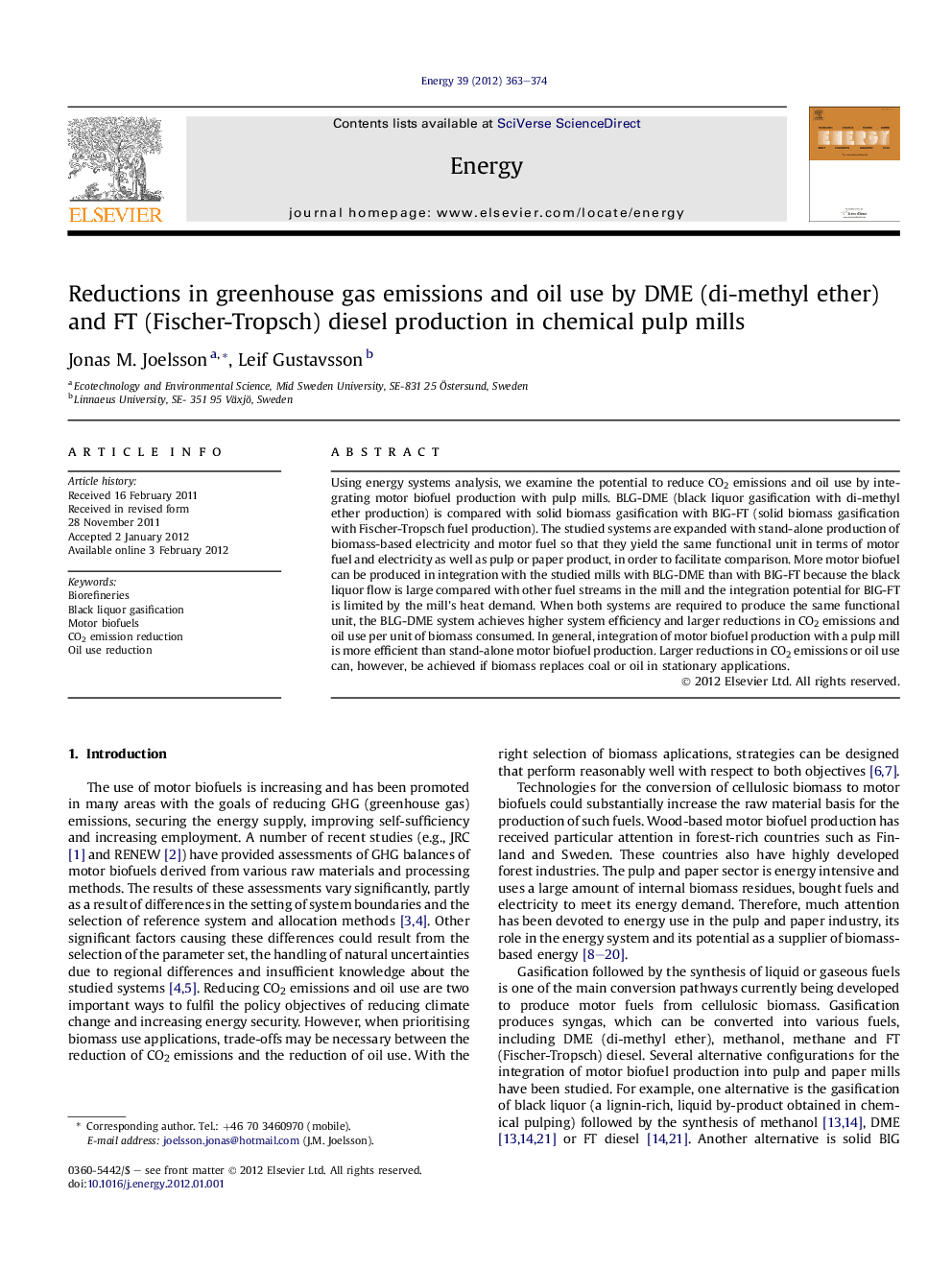 Reductions in greenhouse gas emissions and oil use by DME (di-methyl ether) and FT (Fischer-Tropsch) diesel production in chemical pulp mills