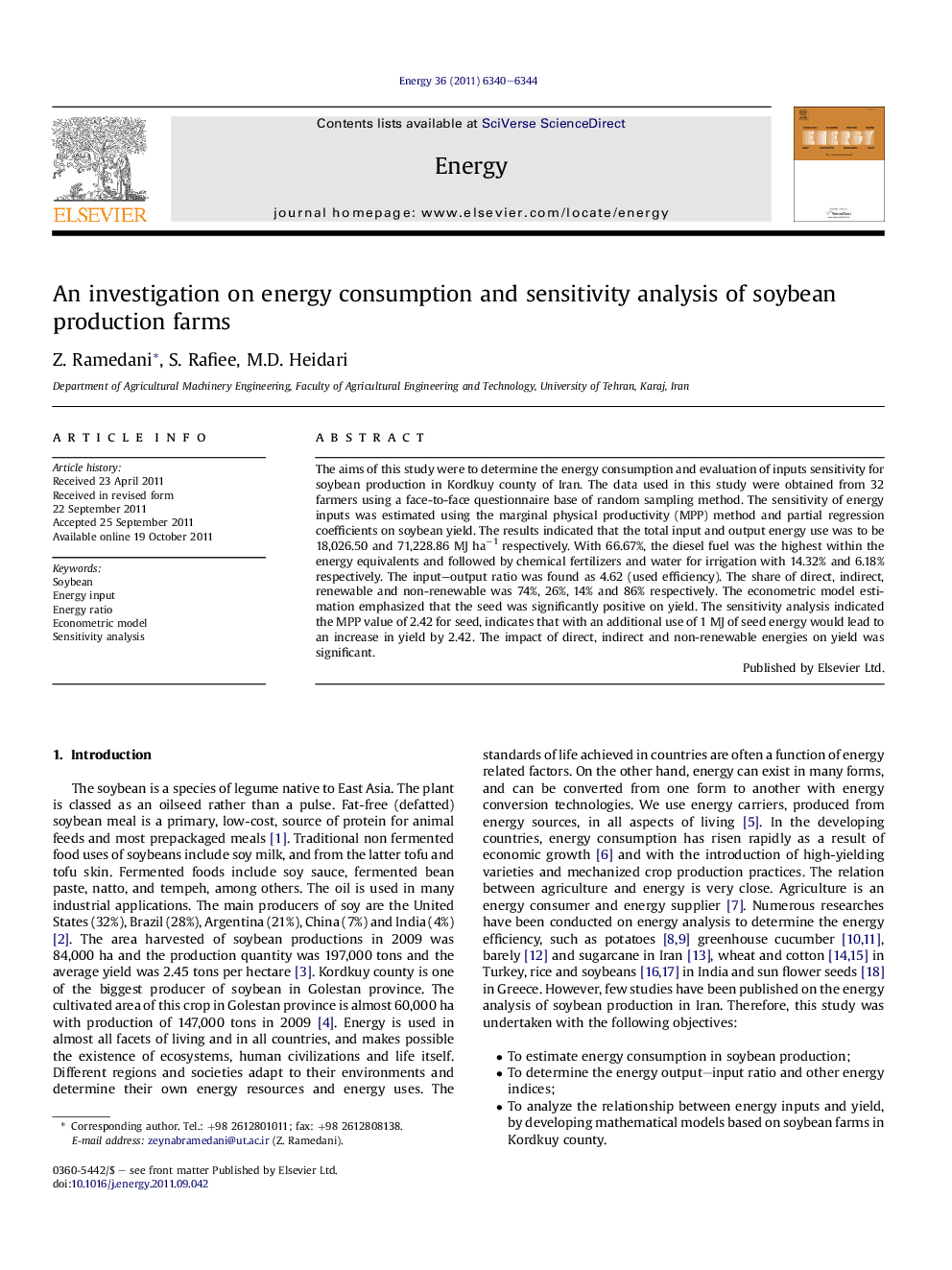 An investigation on energy consumption and sensitivity analysis of soybean production farms