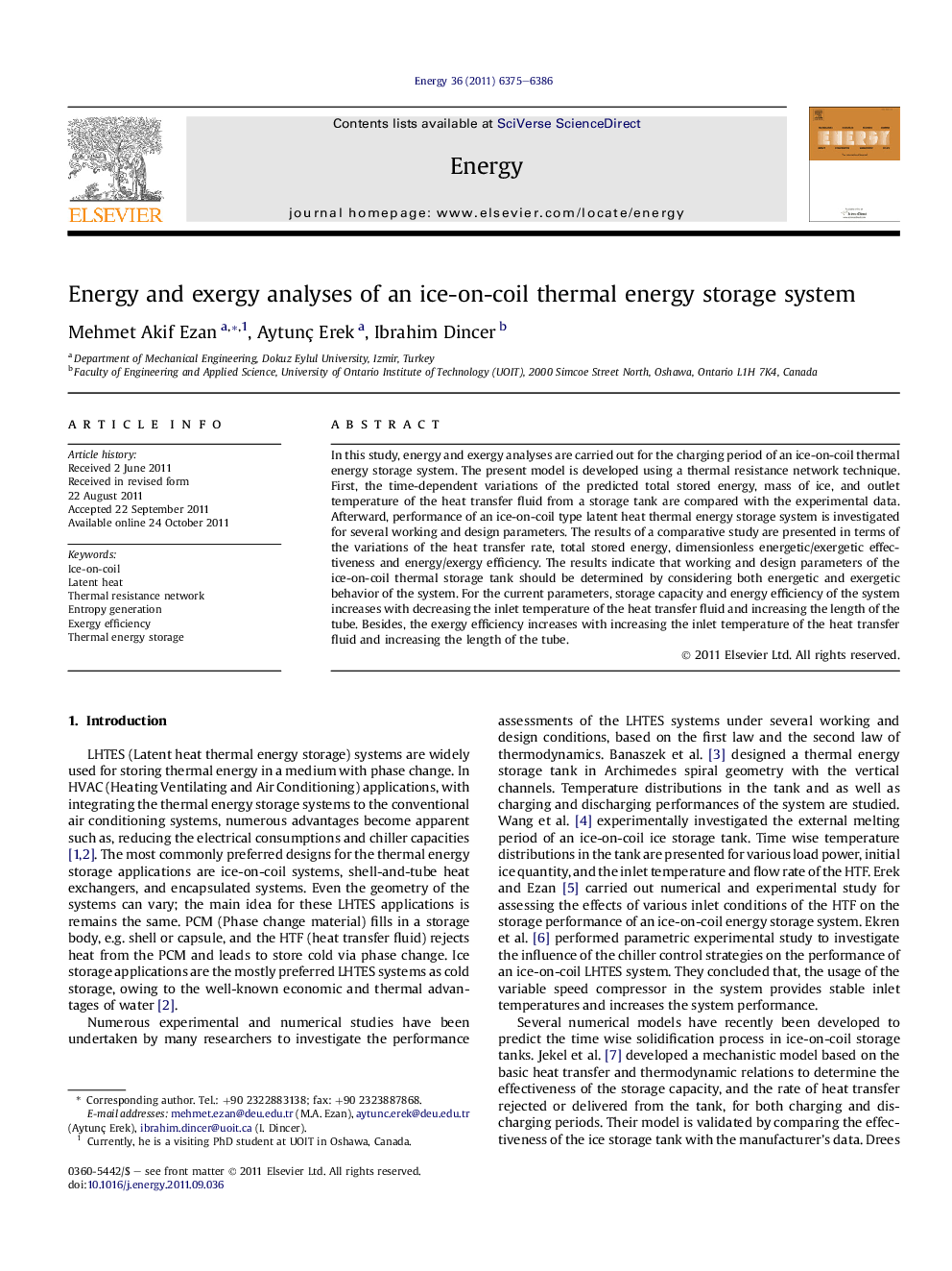 Energy and exergy analyses of an ice-on-coil thermal energy storage system