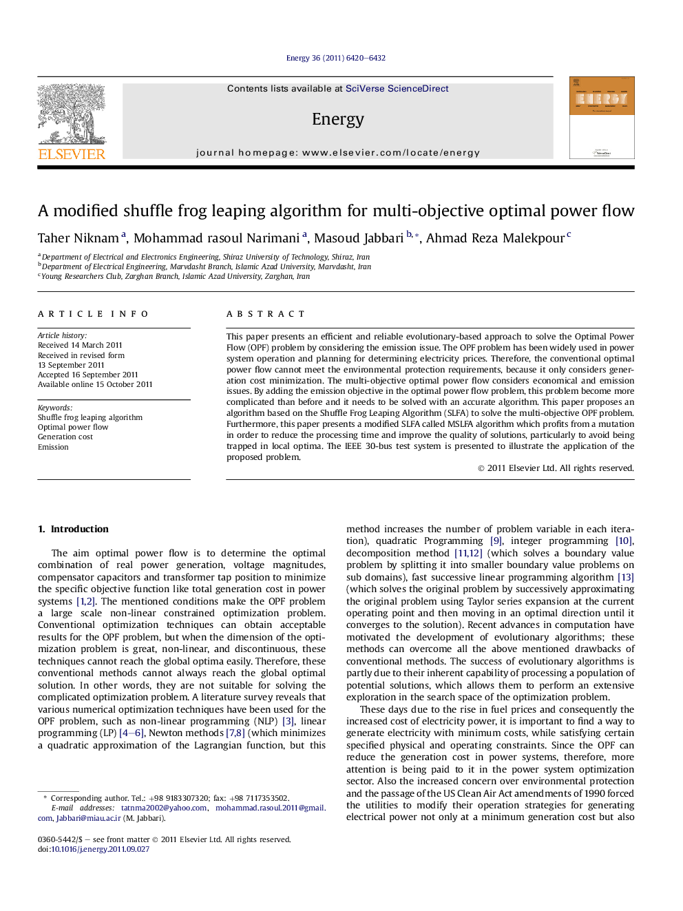 A modified shuffle frog leaping algorithm for multi-objective optimal power flow