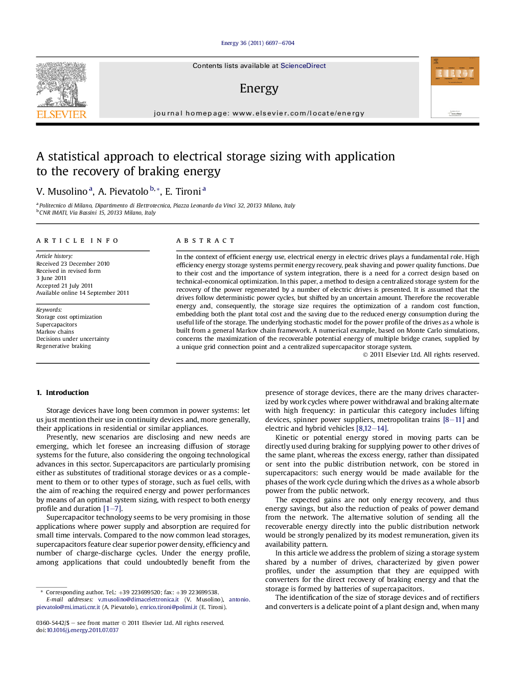 A statistical approach to electrical storage sizing with application to the recovery of braking energy