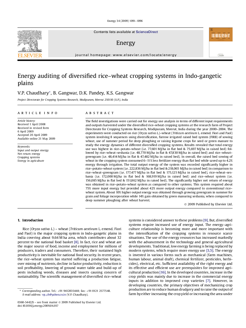 Energy auditing of diversified rice–wheat cropping systems in Indo-gangetic plains