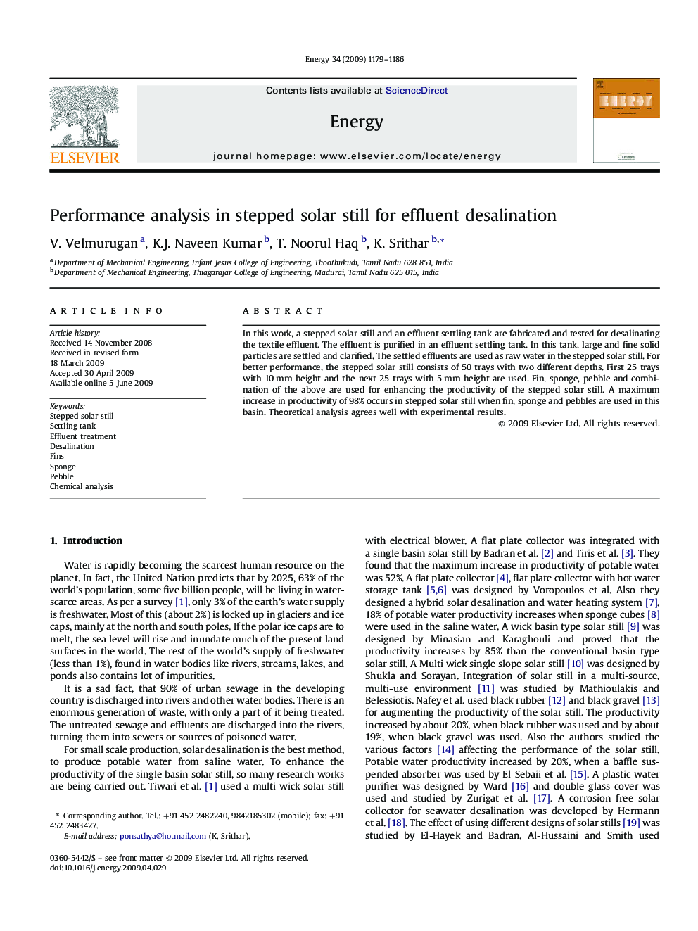 Performance analysis in stepped solar still for effluent desalination