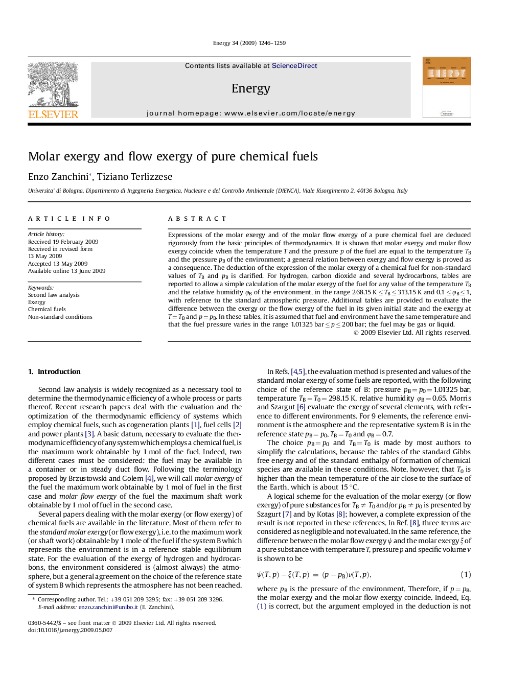 Molar exergy and flow exergy of pure chemical fuels