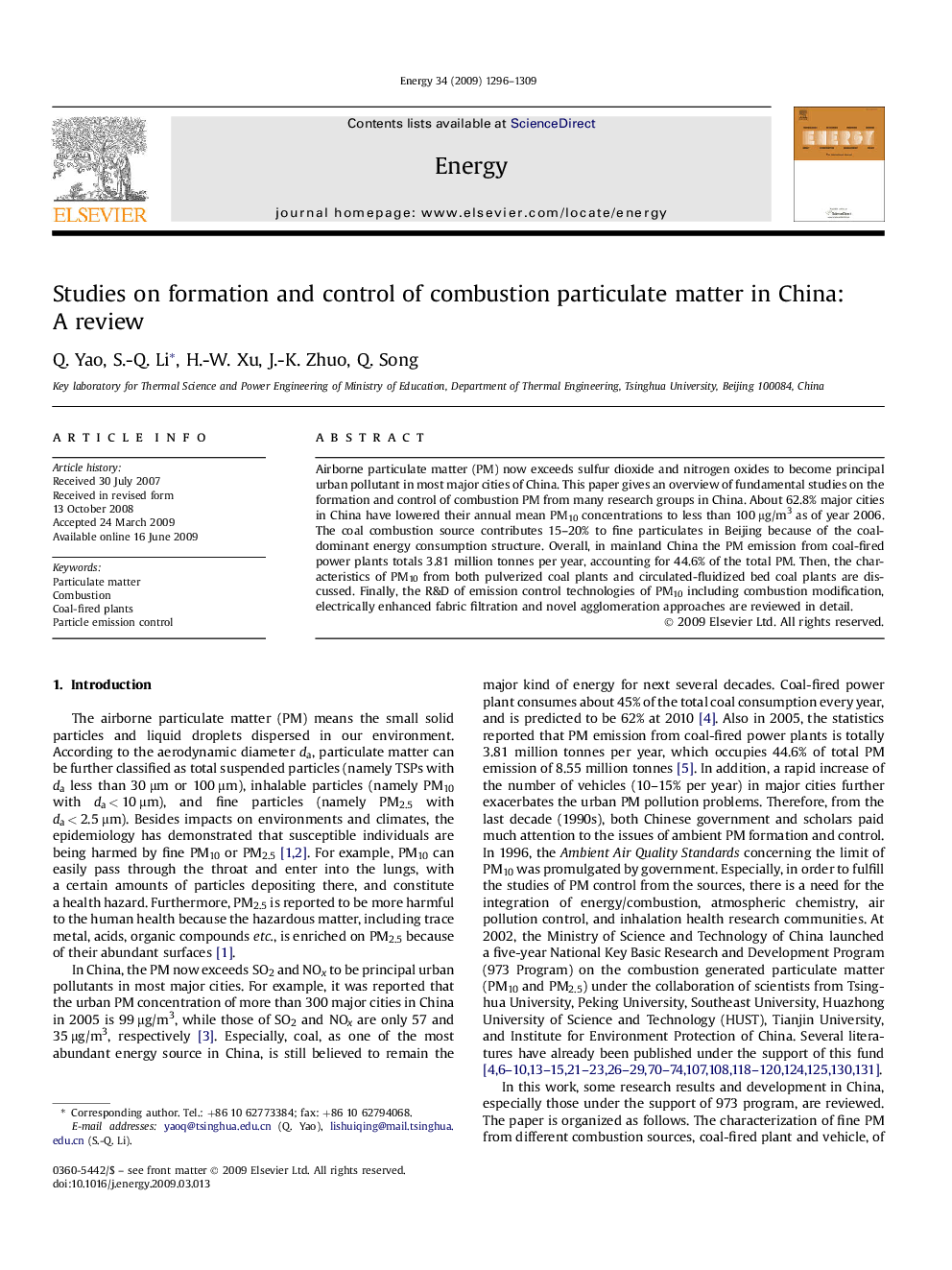 Studies on formation and control of combustion particulate matter in China: A review