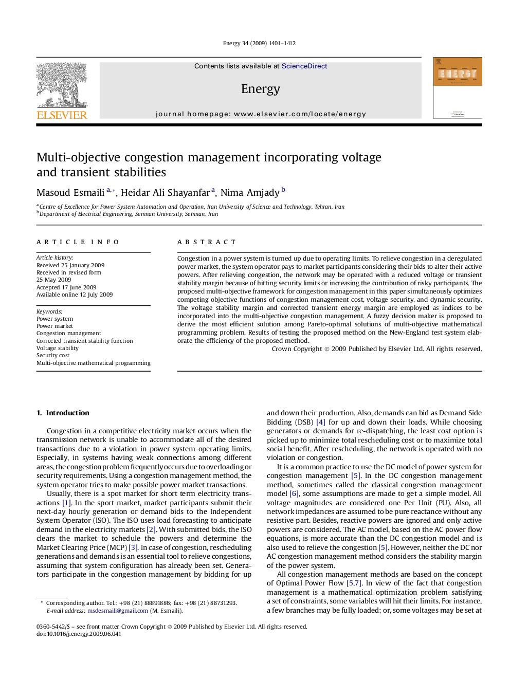 Multi-objective congestion management incorporating voltage and transient stabilities