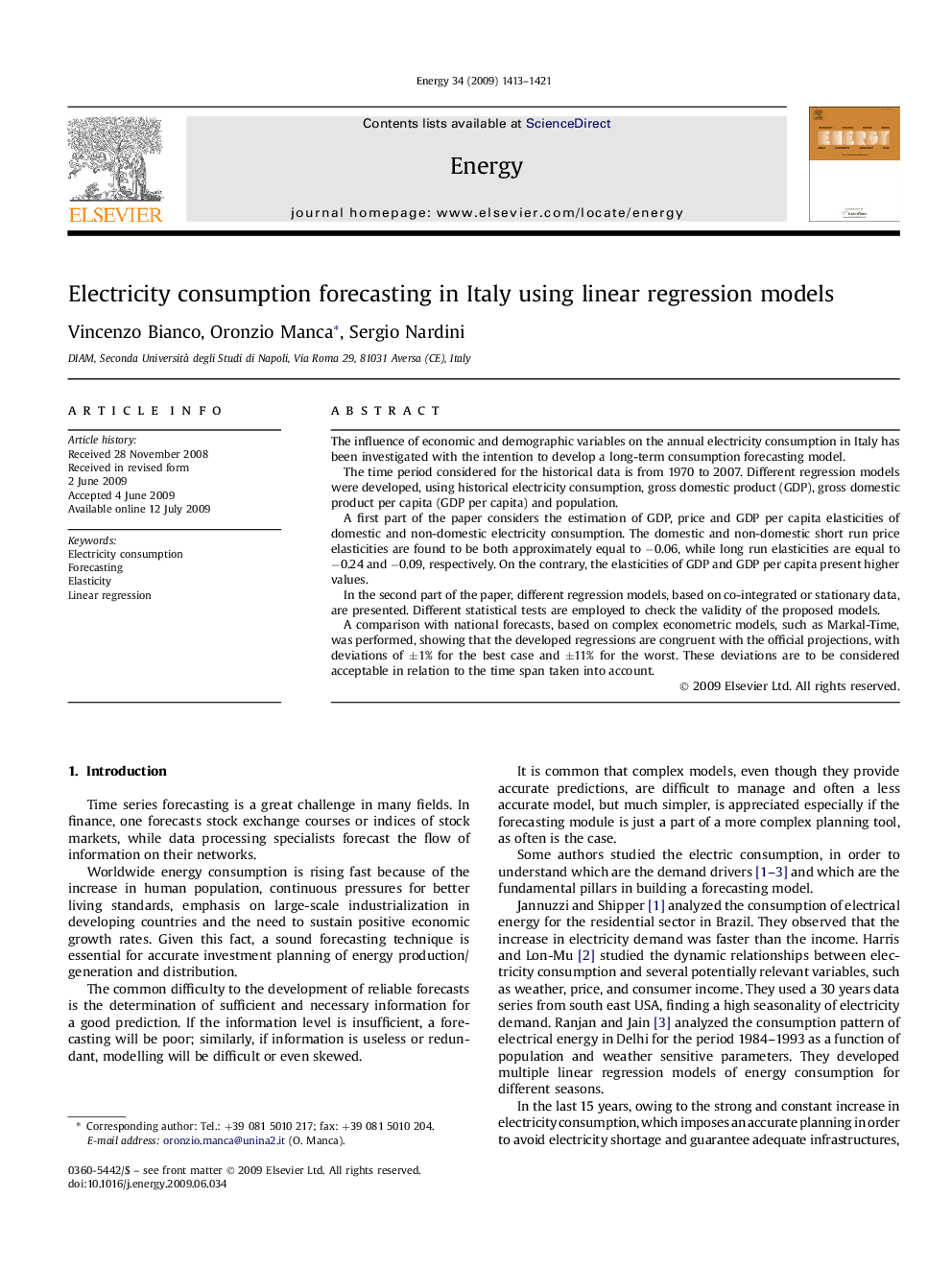 Electricity consumption forecasting in Italy using linear regression models