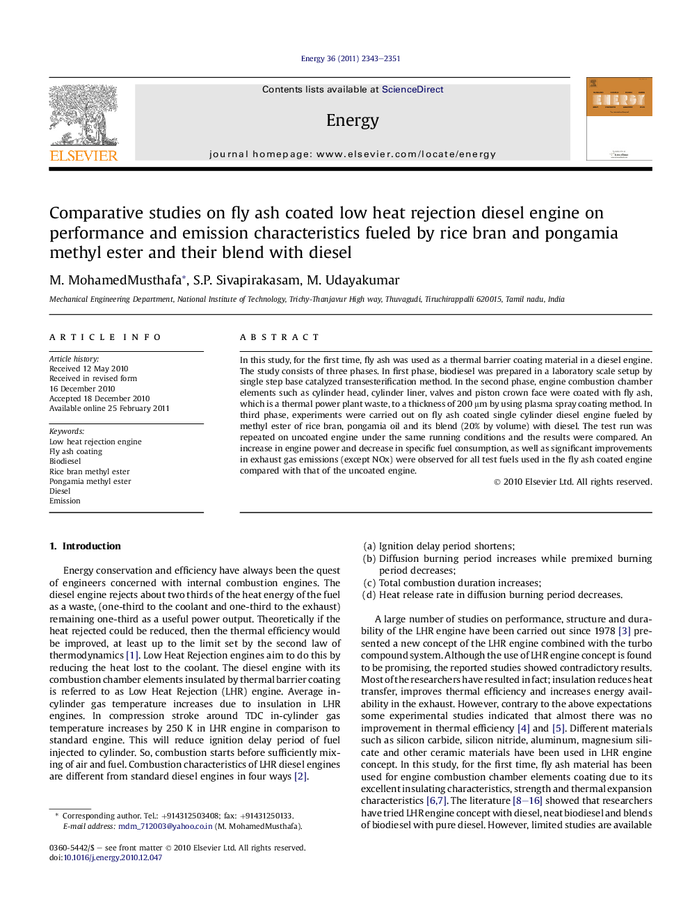 Comparative studies on fly ash coated low heat rejection diesel engine on performance and emission characteristics fueled by rice bran and pongamia methyl ester and their blend with diesel