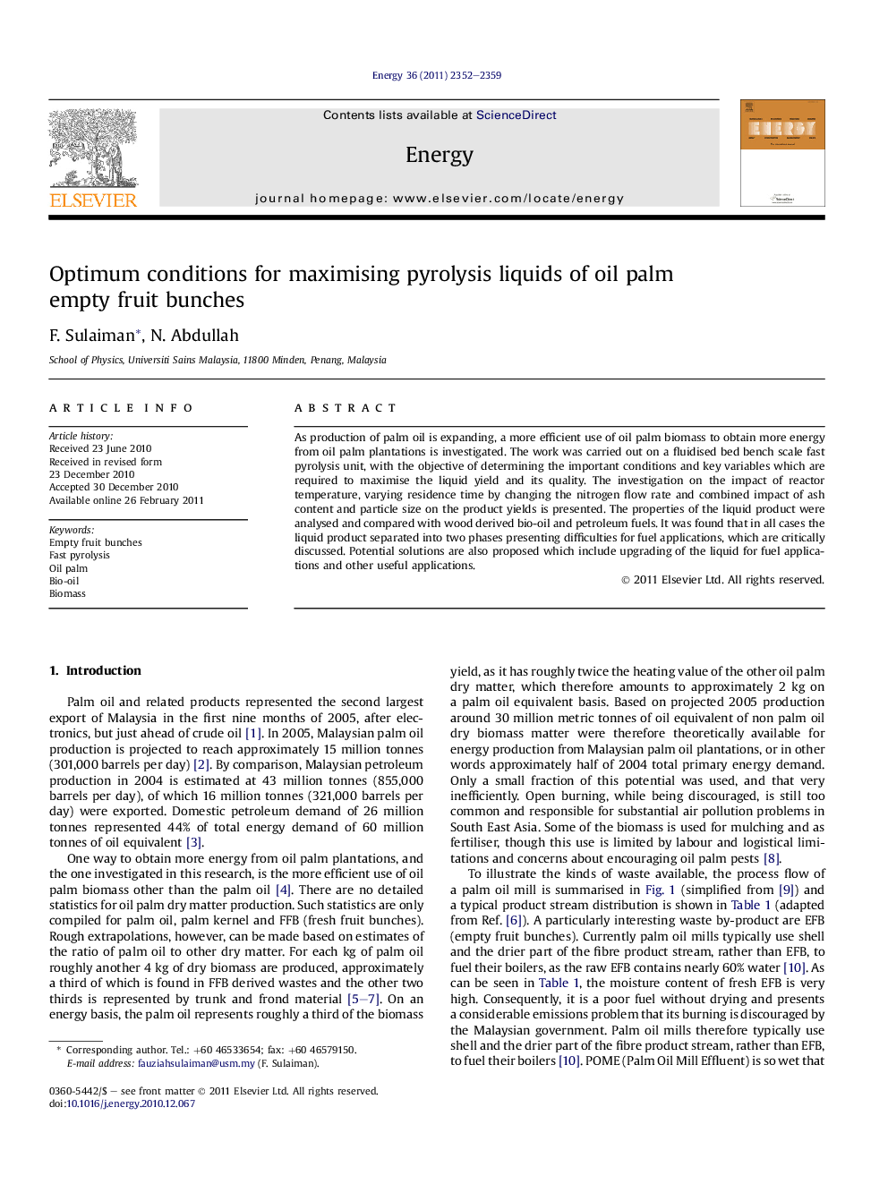 Optimum conditions for maximising pyrolysis liquids of oil palm empty fruit bunches