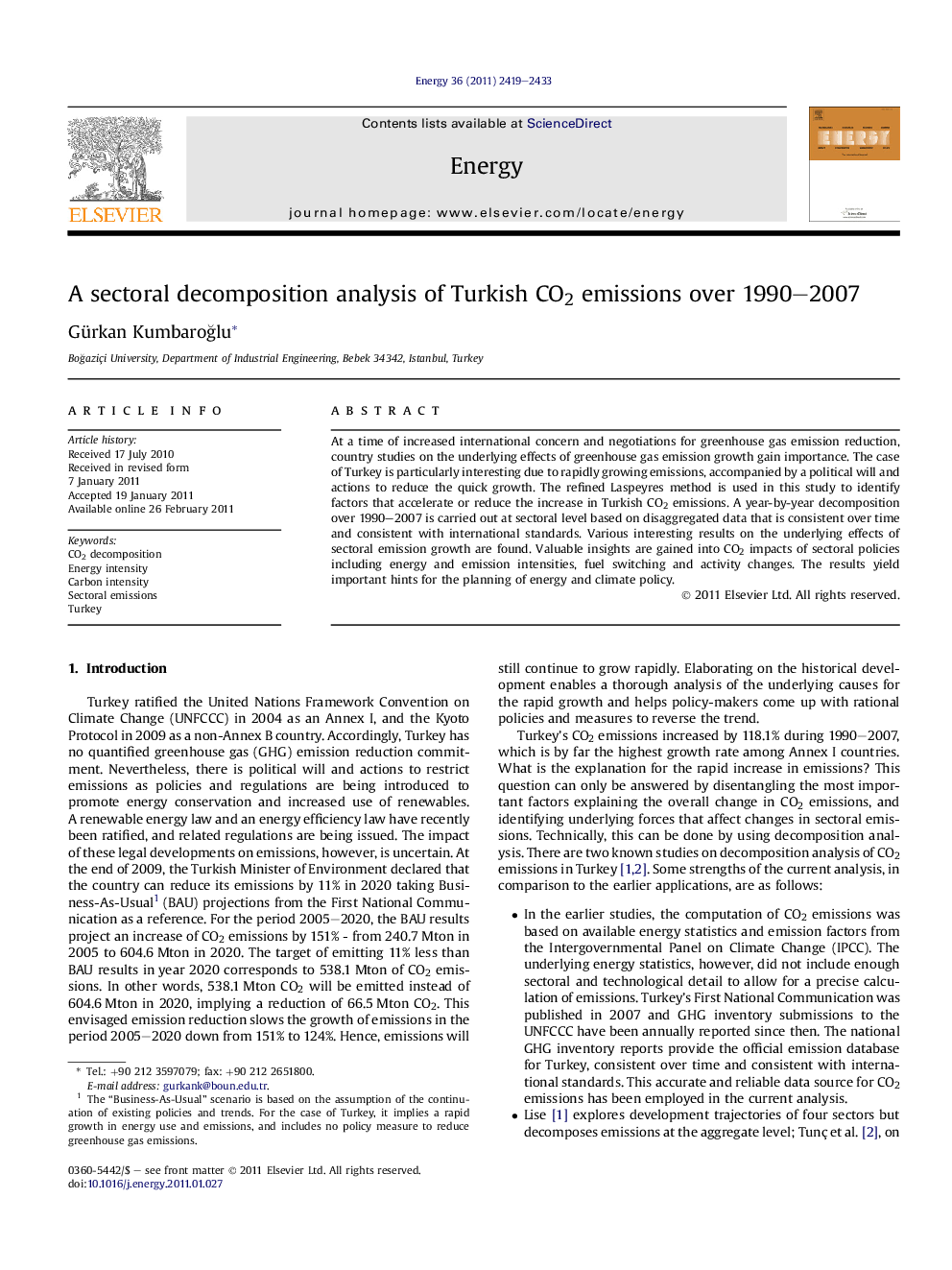 A sectoral decomposition analysis of Turkish CO2 emissions over 1990–2007