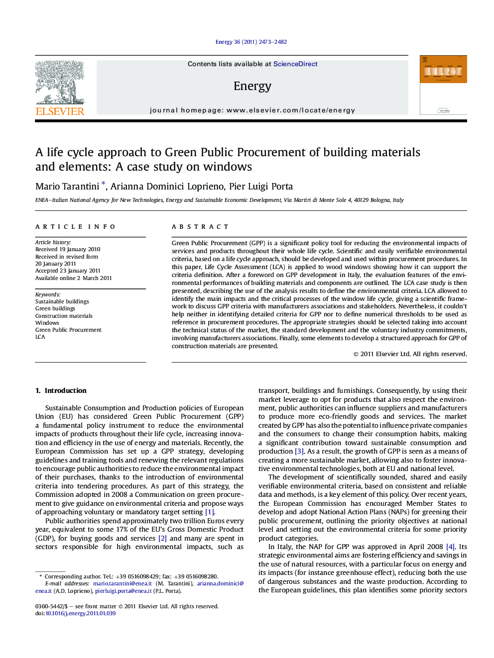 عکس صفحه اول مقاله: A life cycle approach to Green Public Procurement of building materials and elements: A case study on windows A life cycle approach to Green Public Procurement of building materials and elements: A case study on windows