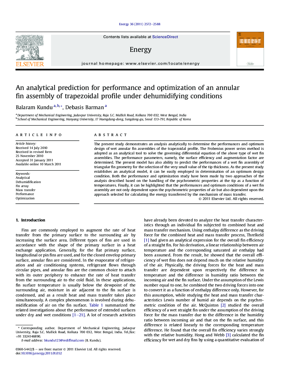 An analytical prediction for performance and optimization of an annular fin assembly of trapezoidal profile under dehumidifying conditions