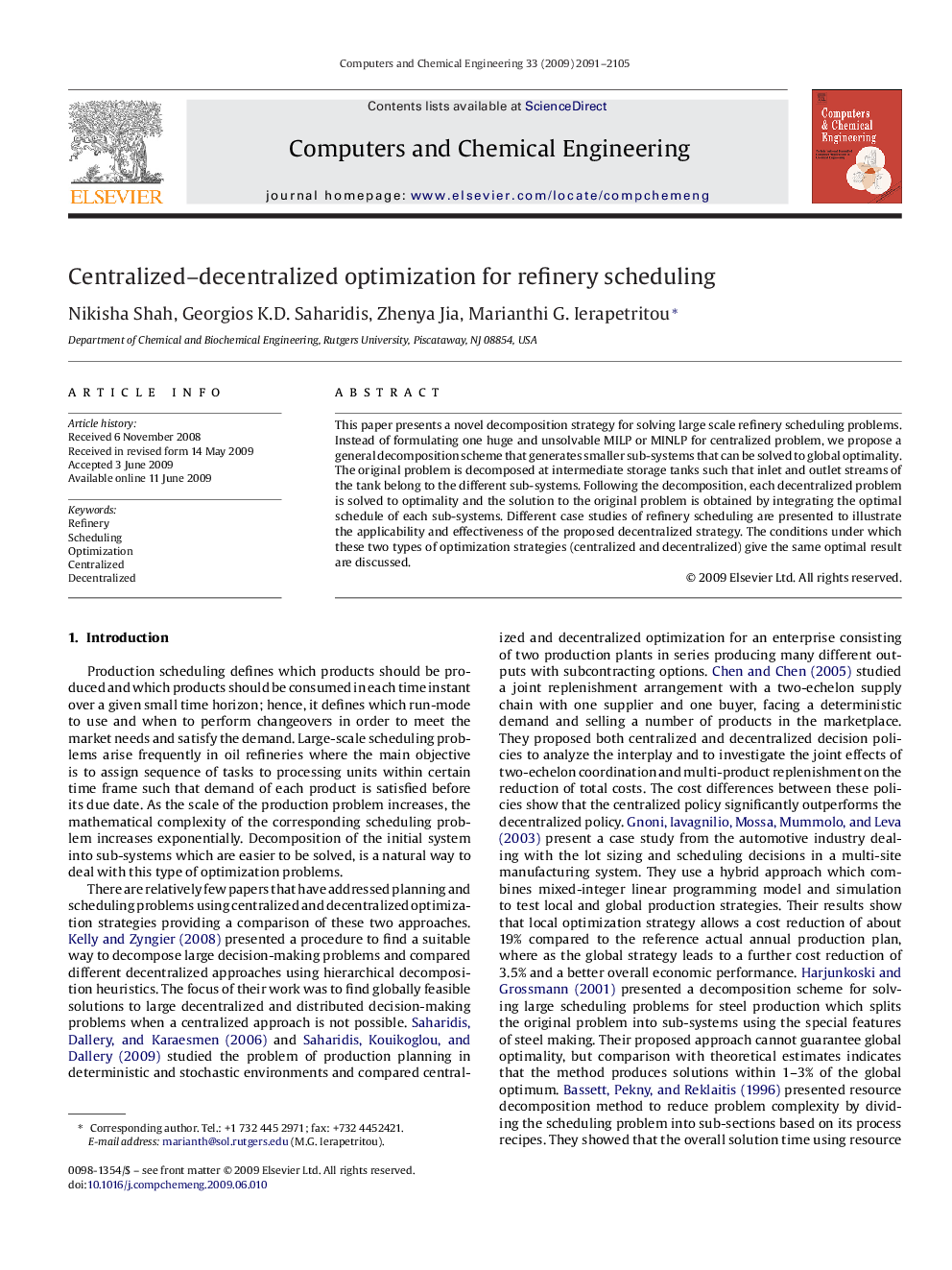 Centralized–decentralized optimization for refinery scheduling