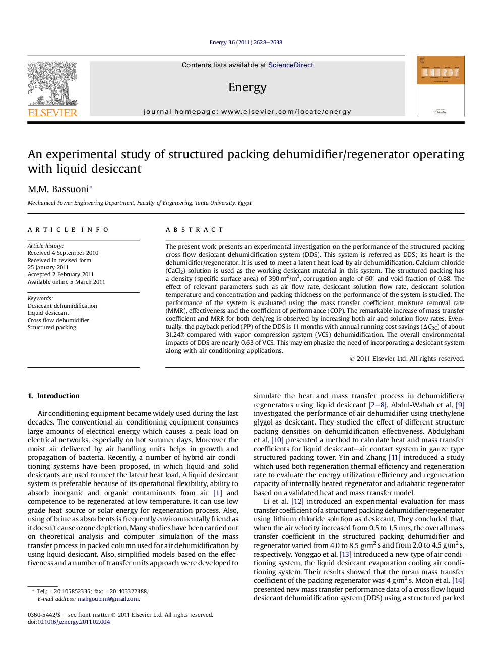 An experimental study of structured packing dehumidifier/regenerator operating with liquid desiccant