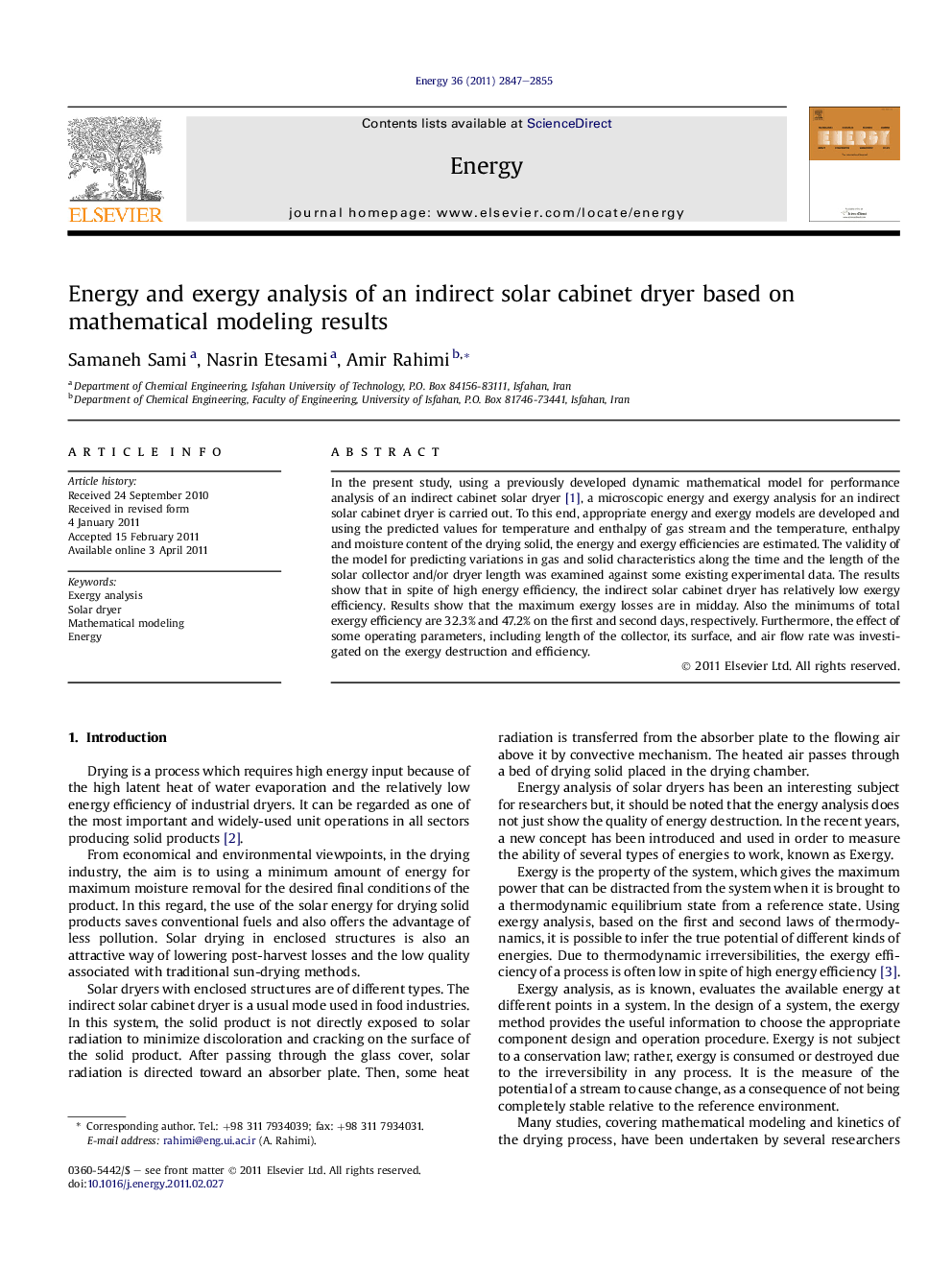 Energy and exergy analysis of an indirect solar cabinet dryer based on mathematical modeling results