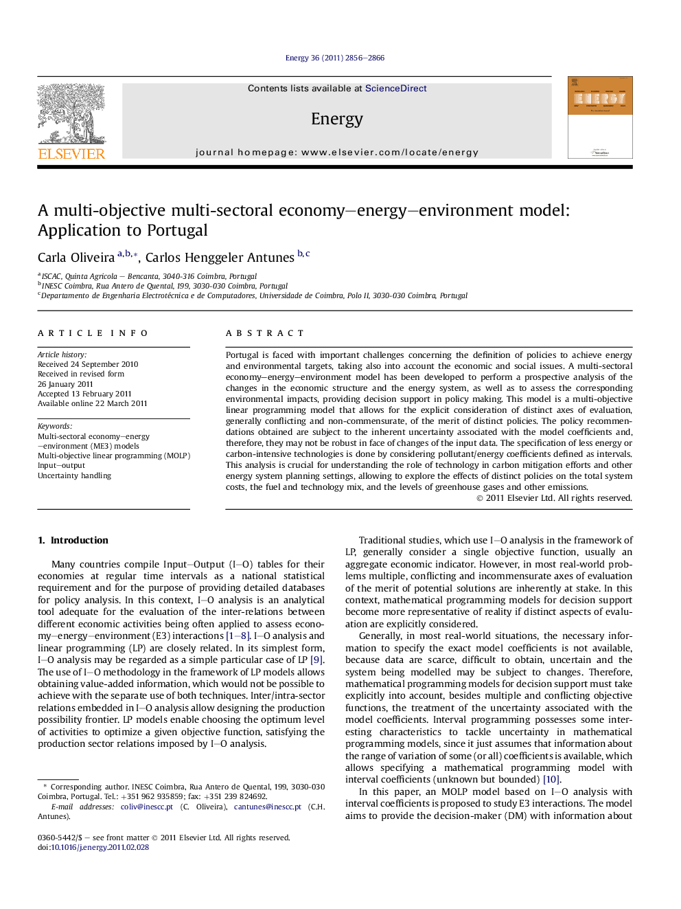 A multi-objective multi-sectoral economy–energy–environment model: Application to Portugal