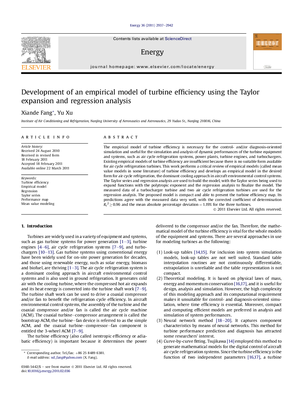 Development of an empirical model of turbine efficiency using the Taylor expansion and regression analysis