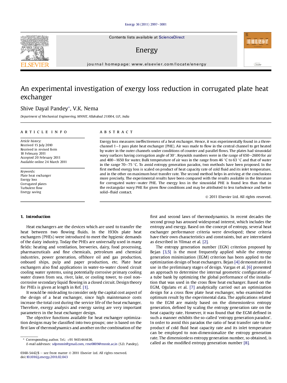 An experimental investigation of exergy loss reduction in corrugated plate heat exchanger