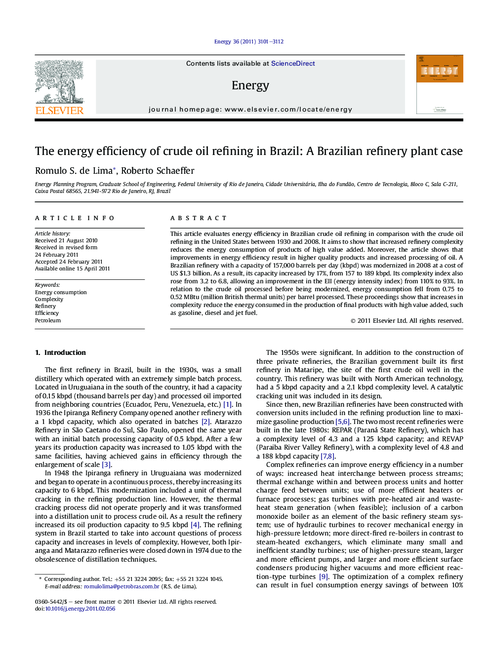 The energy efficiency of crude oil refining in Brazil: A Brazilian refinery plant case