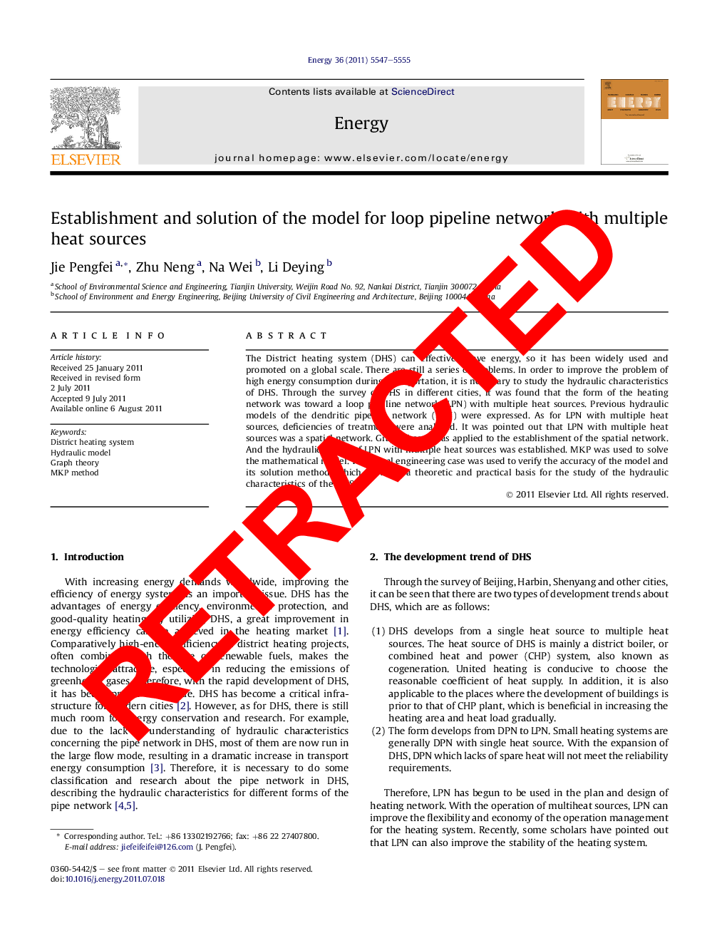 RETRACTED: Establishment and solution of the model for loop pipeline network with multiple heat sources