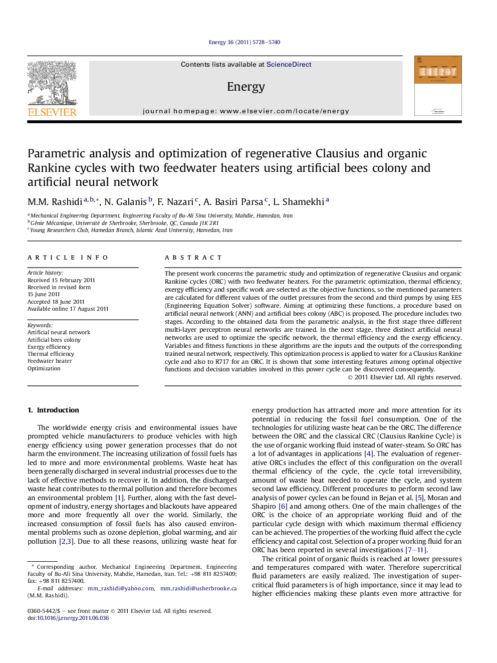 Parametric analysis and optimization of regenerative Clausius and organic Rankine cycles with two feedwater heaters using artificial bees colony and artificial neural network