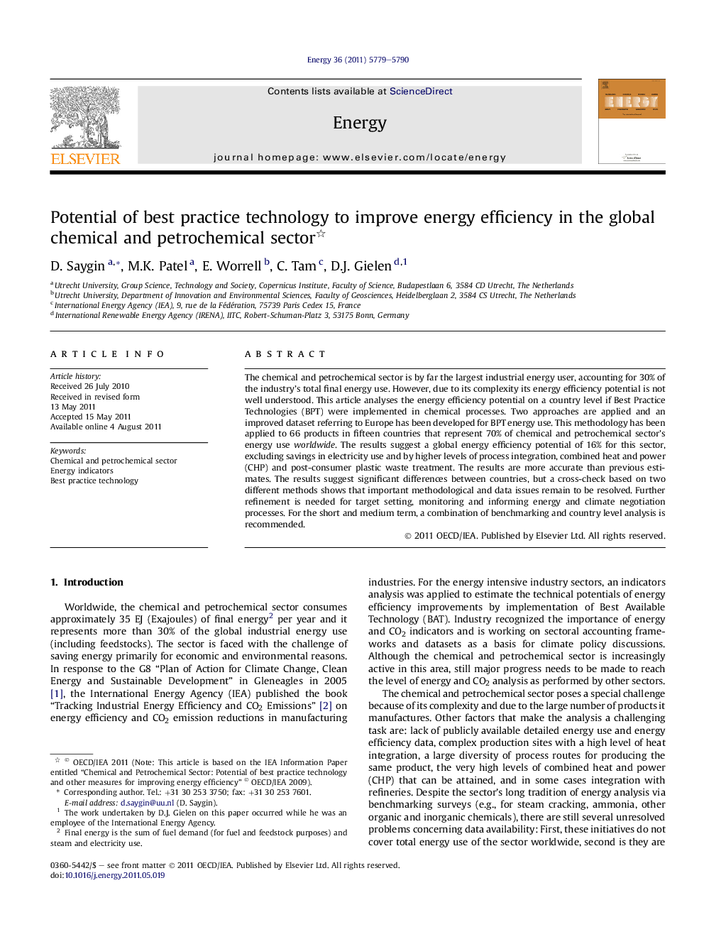 Potential of best practice technology to improve energy efficiency in the global chemical and petrochemical sector 