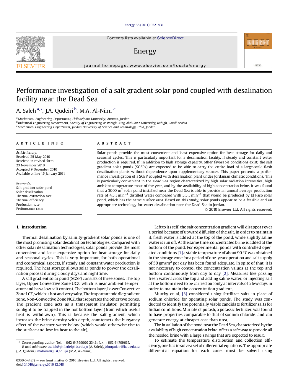 Performance investigation of a salt gradient solar pond coupled with desalination facility near the Dead Sea