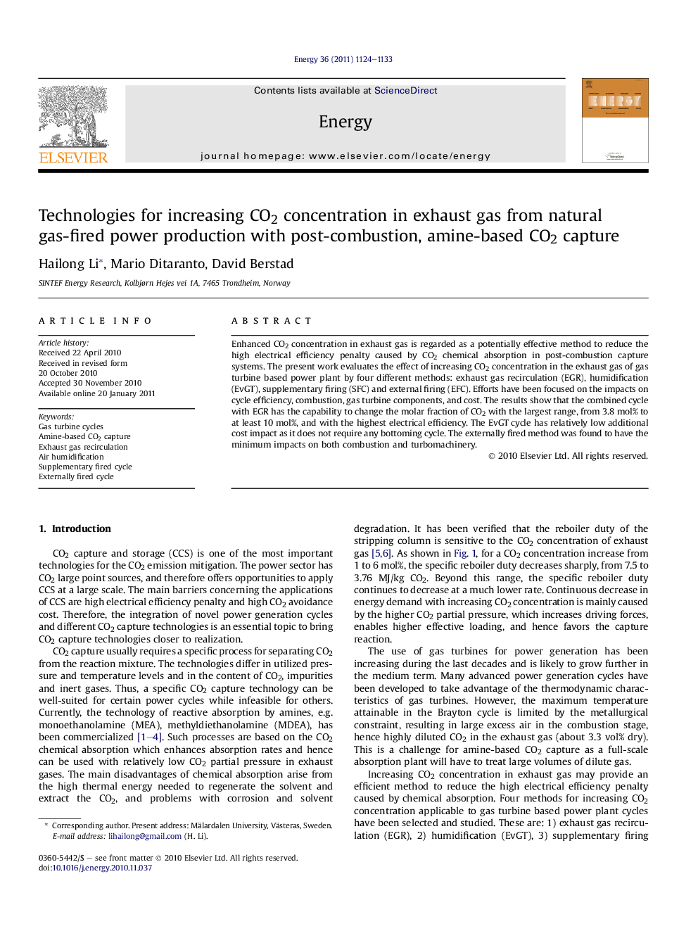 Technologies for increasing CO2 concentration in exhaust gas from natural gas-fired power production with post-combustion, amine-based CO2 capture