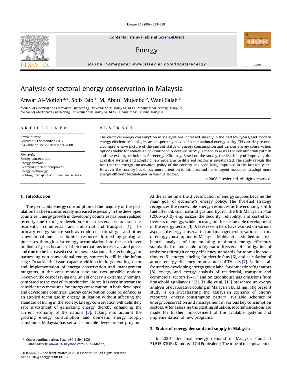 Analysis of sectoral energy conservation in Malaysia