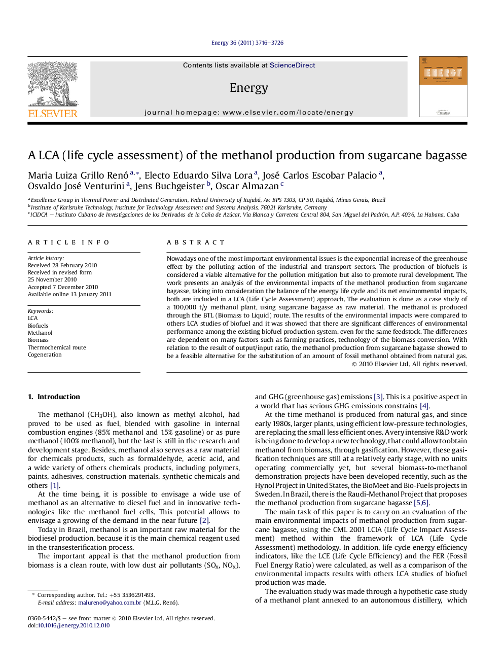 A LCA (life cycle assessment) of the methanol production from sugarcane bagasse