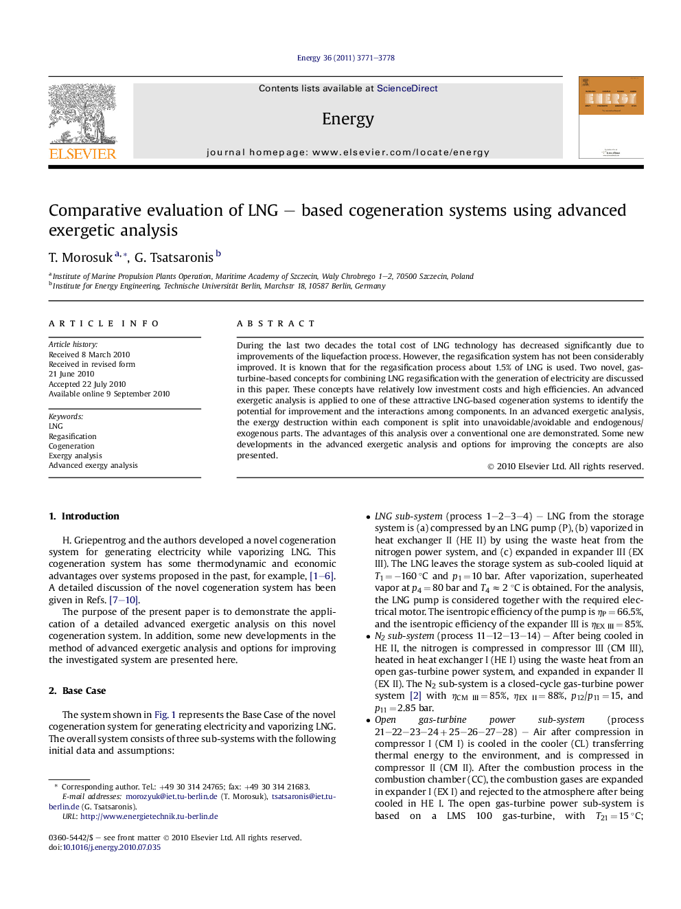 Comparative evaluation of LNG – based cogeneration systems using advanced exergetic analysis