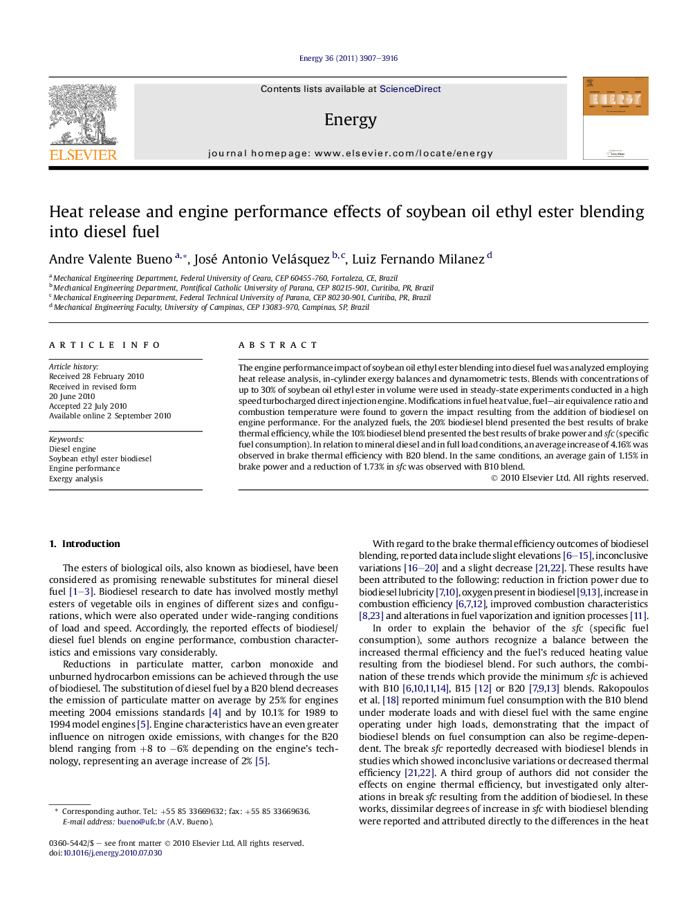 Heat release and engine performance effects of soybean oil ethyl ester blending into diesel fuel