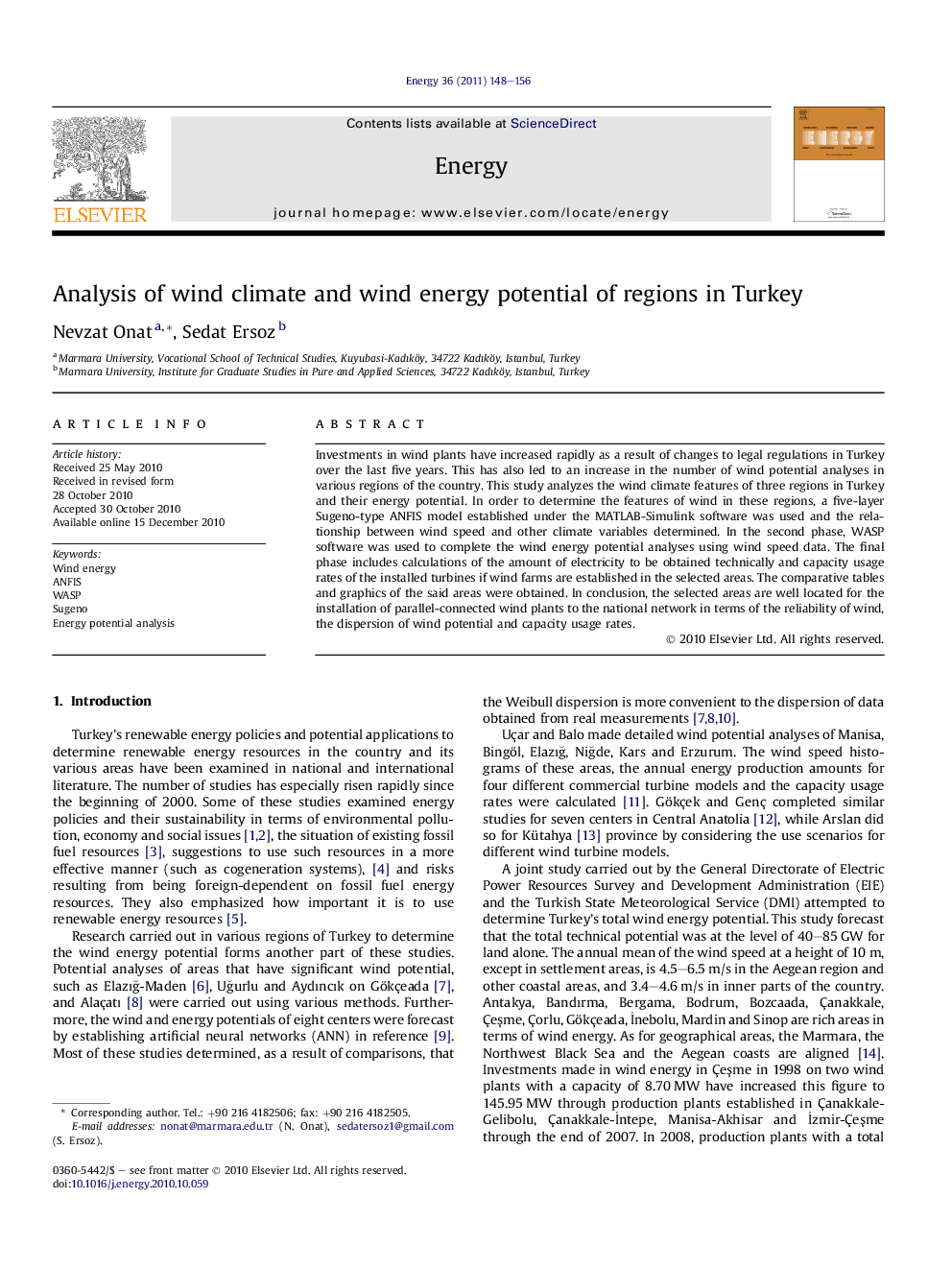 عکس صفحه اول مقاله: Analysis of wind climate and wind energy potential of regions in Turkey Analysis of wind climate and wind energy potential of regions in Turkey
